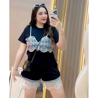 🎀SETเสื้อยืดแต่งดีเทลลุกไม้+กางเกงขาสั้น(พ7+ท14)🎀#สาวอวบ