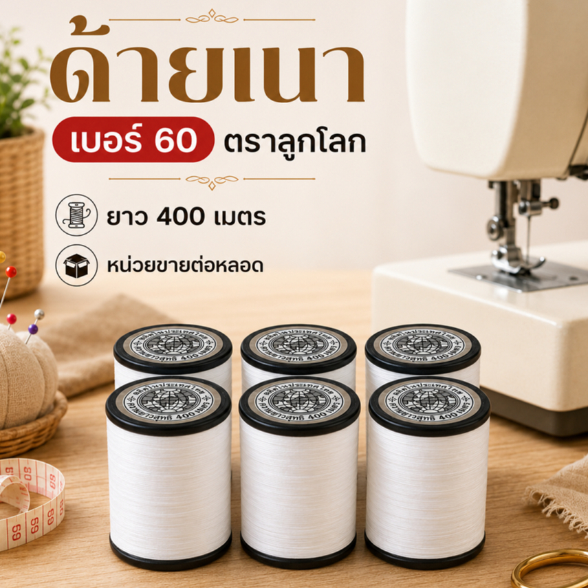 ด้ายเนา เบอร์ 60 ใช้สำหรับเนาเสื้อผ้า ด้ายเปื่อย สีขาว ตราลูกโลก