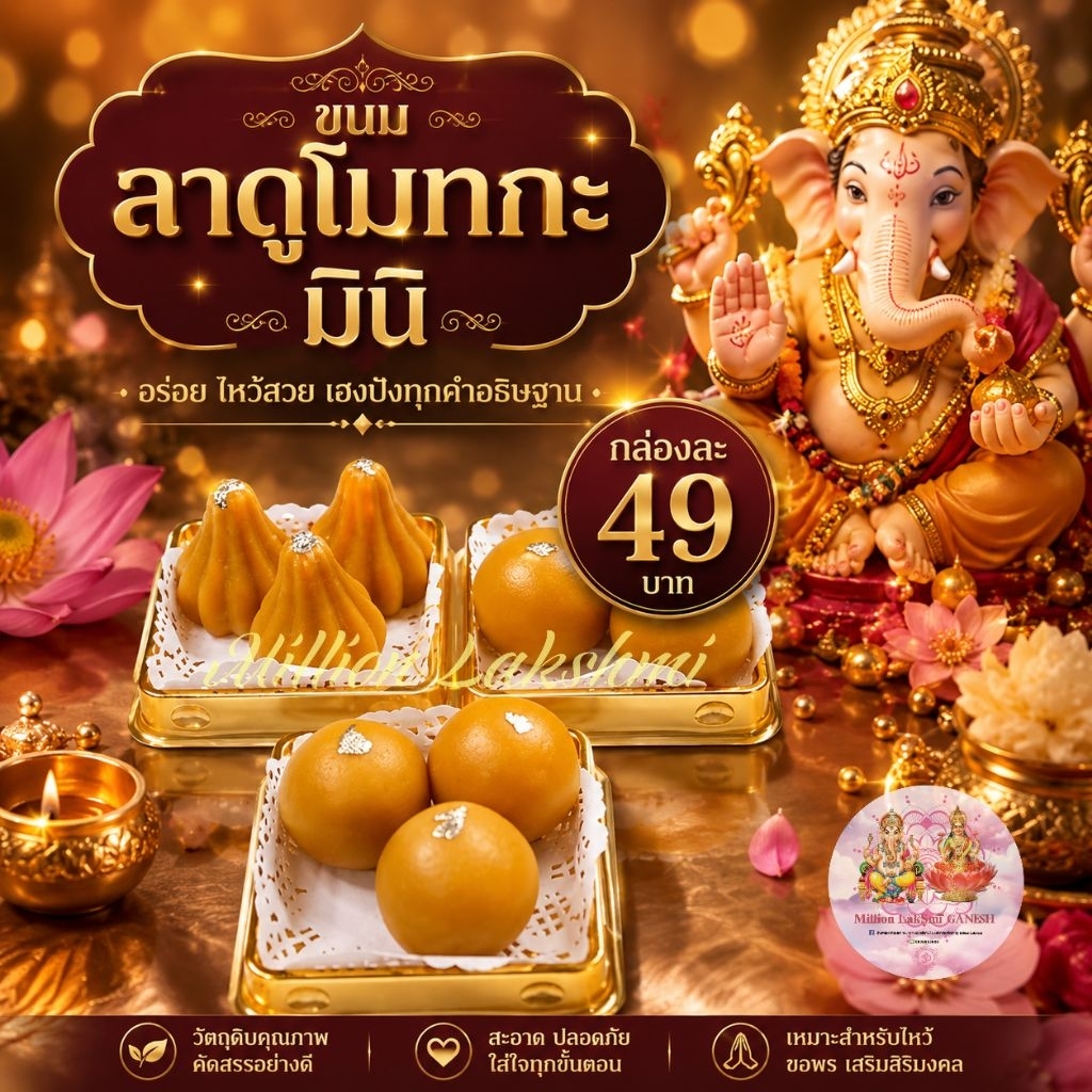ขนมลาดูโมทกะสูตรอินเดียไหว้พระพิฆเนศ ลาดูโมทกะเศรษฐี