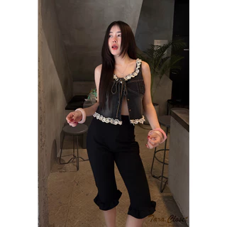 PW600 TARA Short pants กางเกง 4 ส่วน เอวสูง ทรง Biker ปลายขาแต่งระบาย เอวยางยืด มีขอบเอว เนื้อผ้าวูลเวฟ ผ้ายืด ใส่สบาย