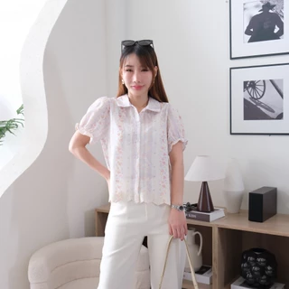 Lawyer Store [723321] เสื้อลูกไม้ คอปก แขนจั๊ม ลายดอก ผ้าลูกไม้ทั้งตัว สวมใส่สบาย เหมาะสำหรับวันลำลอง เสื้อผู้หญิง