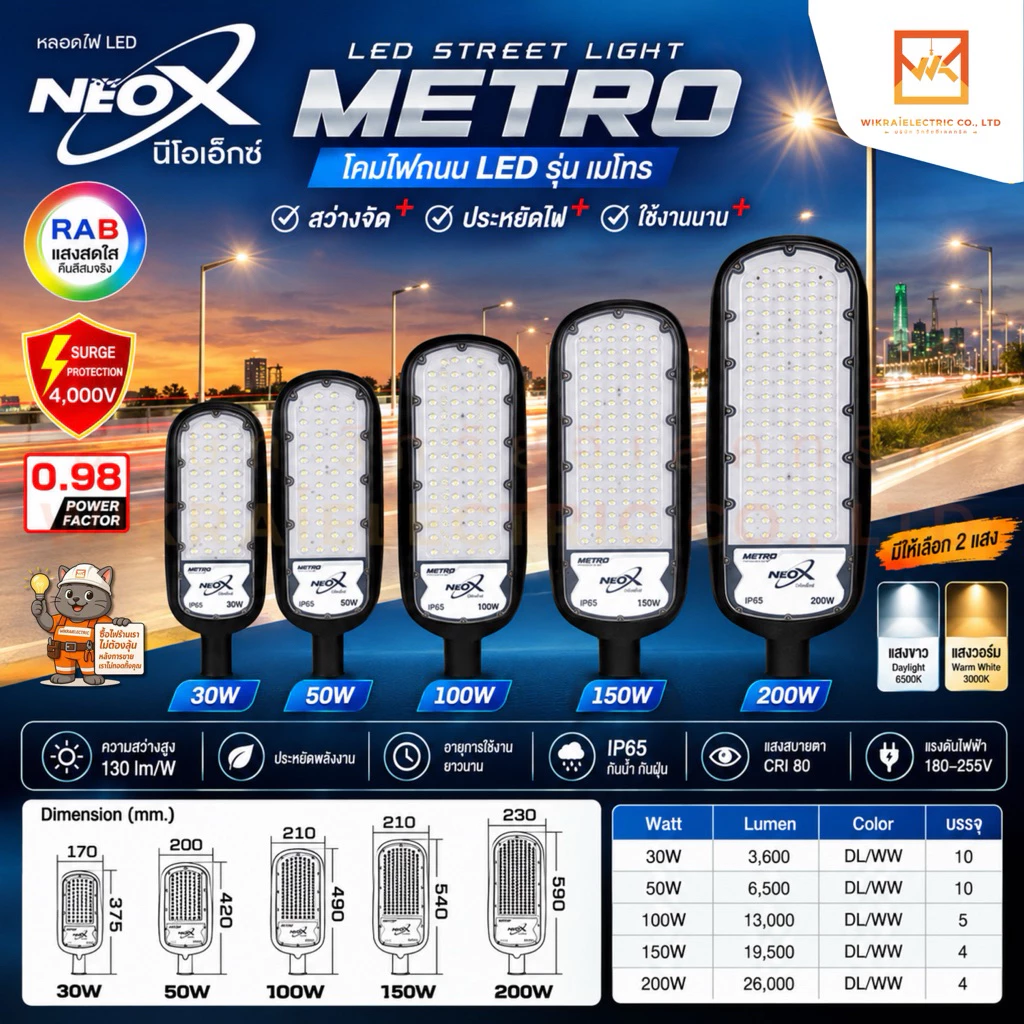 NEOX โคมไฟถนน LED แสงขาวและแสงวอร์ม ขนาด 30W 50W 100W 150W และ 200W รุ่น METRO สว่าง 130lm/W โคมภายนอกอาคาร neox metro