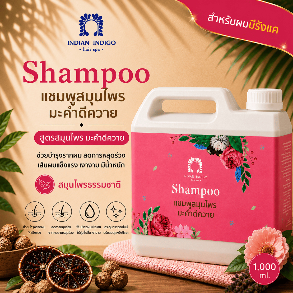 [1,000ml.] สำหรับผมมีรังแค แชมพูสมุนไพรมะคำดีควาย INDIAN INDIGO ลดรังแค ลดคันหนังศีรษะ บำรุงรากผม ผม