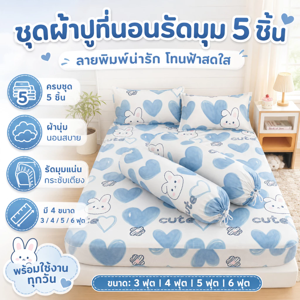 ชุดผ้าปูที่นอน 5ชิ้น(3.5/5/6 ฟุต)ลายการ์ตูนน่ารัก รัดมุม360° กันไรฝุ่น ระบายอากาศดี