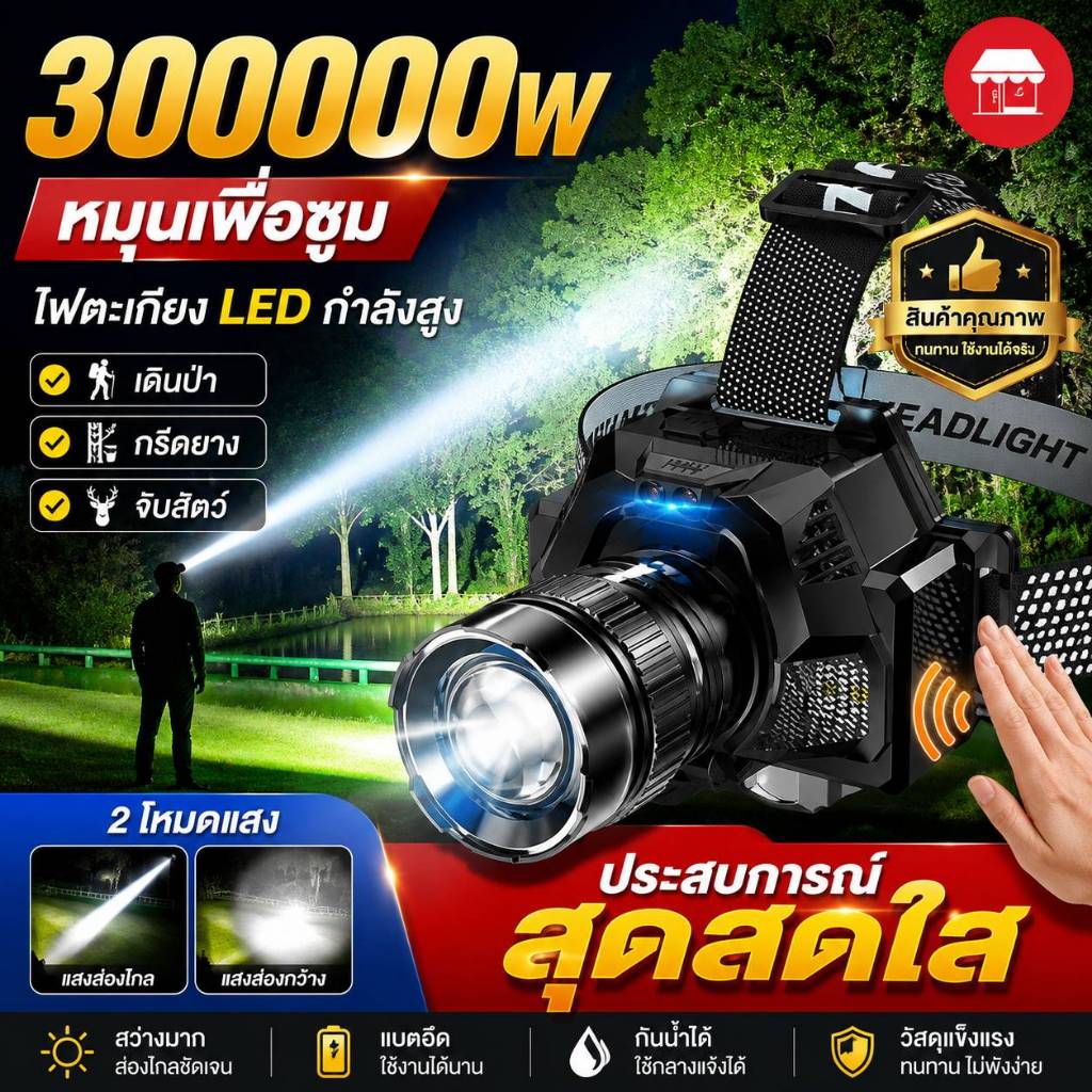 ไฟฉายคาดหัวแท้LED15000Wแบตอึด ไฟคาดหัวแรงสูง ซูมได้ยืดหด เปิด-ปิดไฟแค่โบกมือ ไฟสายคาดหัว กันน้ำ ไฟส่องกบ ไฟส่องสัตว์