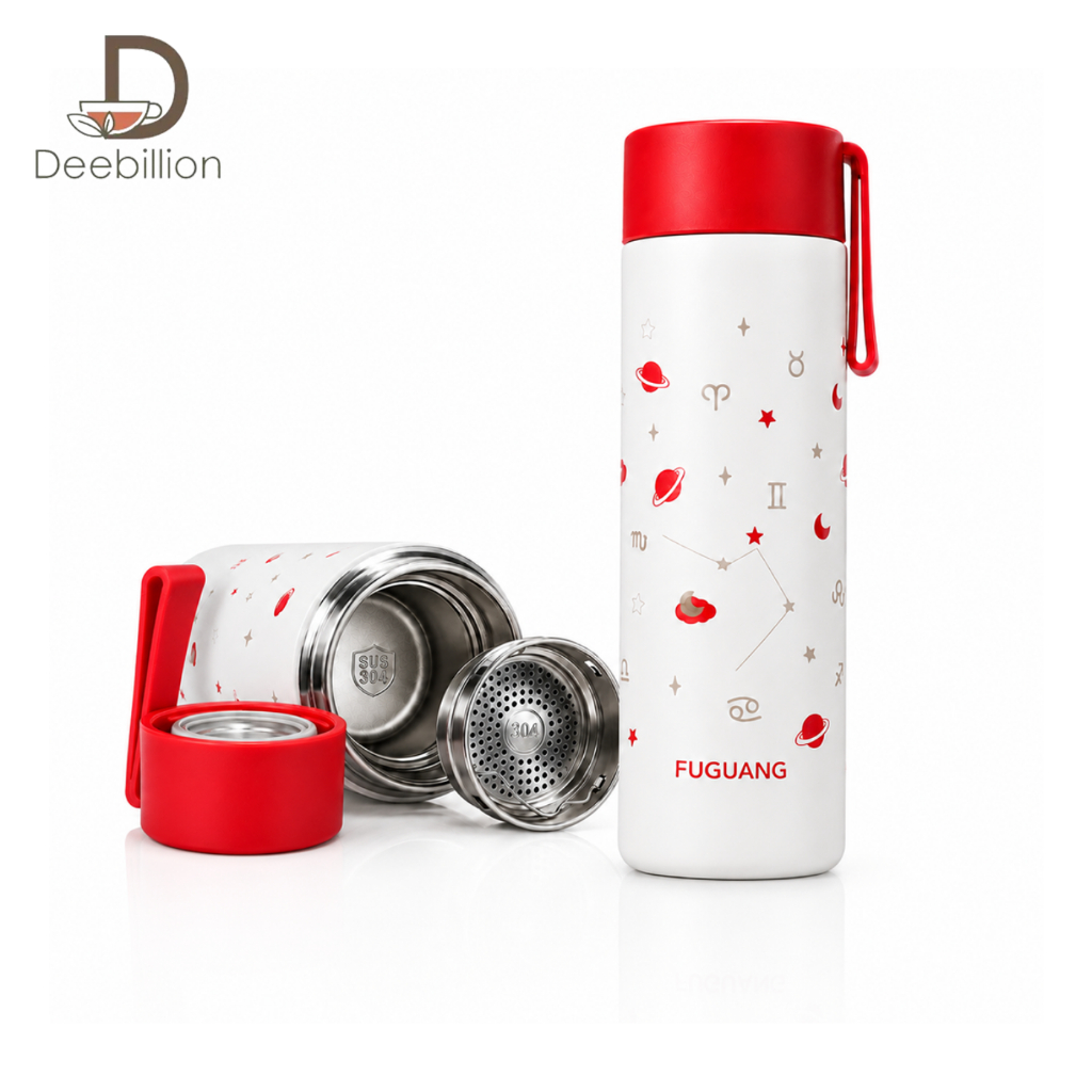 กระบอกน้ำเก็บอุณหภูมิ แก้วเก็บความเย็น ความร้อน Thermos Flask 480ml พร้อมตะแกรงกรองชา มีสายคล้อง พกพาสะดวก Deebillion