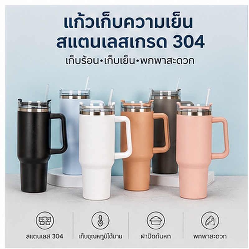 Domeliv แก้วเก็บความเย็น 40oz 1200ML สแตนเลส 304 มีหูจับ พร้อมหลอด ฝาปิดกันรั่ว เก็บร้อนเย็นนาน ใส่ช่องแก้วรถได้