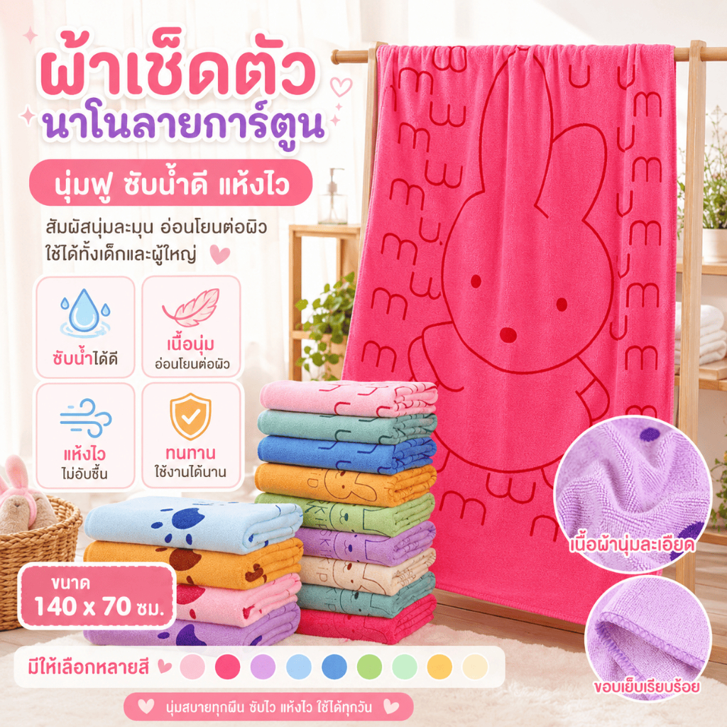 YJK-01【ขนาด 140x70 ซม】ผ้าเช็ดตัว ผ้าขนหนูนาโน ลายการ์ตูน มี 