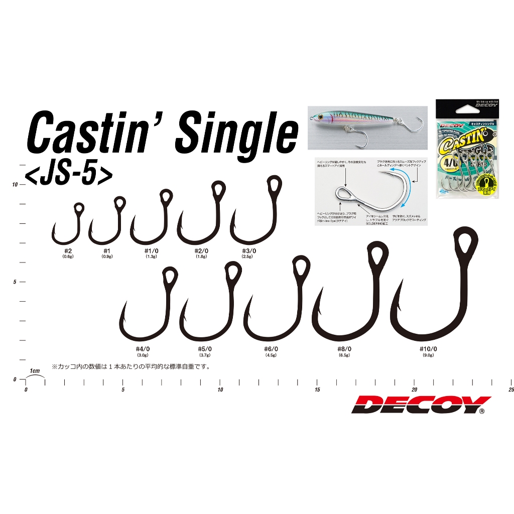 DECOY JS-5 Castin Single ตัวเบ็ดเดี่ยวผิวน้ำ ห่วงแนวตั้งไร้รอยต่อ สู้ปลาเกมส์ทะเล ทูน่า GT Made in Japan