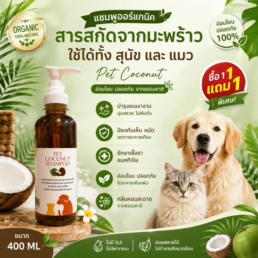 ซื้อ1แถม1แชมพูสุนัขและแมวครีมอาบน้ำสัตว์เลี้ยงรักษาเห็บหมัดเชื้อราออร์แกนิคสกัดจากพืชมะพร้าวขนาด400ml/pat coconutshampoo