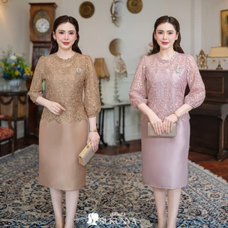 Sukunya 6830 :ชุดเดรสผ้าไหมญี่ปุ่น ช่วงบนแต่งด้วยลูกไม้เนื้อพรีเมียม ปักเลื่อม ปักลวดลายดอกไม้ ตัวเสื้อคอกลม