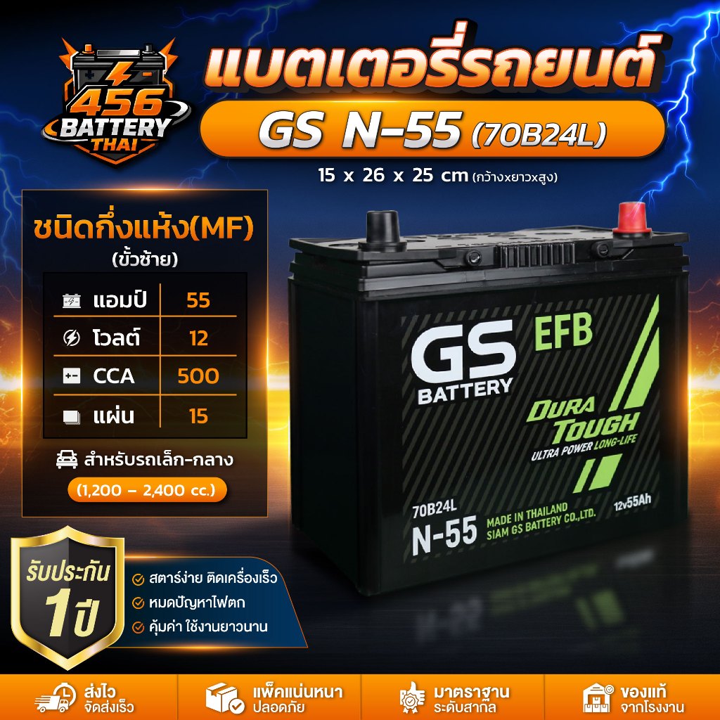 แบตเตอรี่ GS รุ่น N-55 กึ่งแห้ง MF สำหรับรถเก๋ง สตาร์ทง่าย ทนทาน ไม่ต้องดูแลน้ำกลั่น พร้อมส่ง