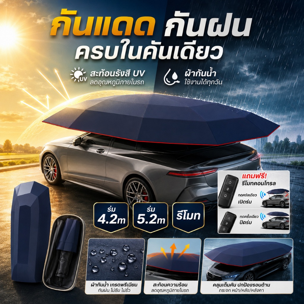 ร่มรถ ร่มติดรถยนต์ ร่มกันแดดรถยนต์ ร่มเต็นท์ผ้า UV ป้องกันกันน้ํา ม่านบังแดด ผ้าคลุมหลังคารถพับเก็บได้ กันแดดกันสาด กันข