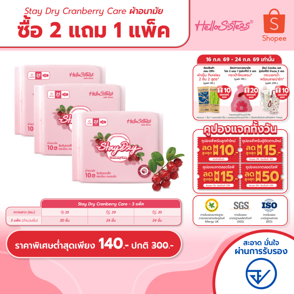 [เลือกความยาวเลย] 2 แถม 1 StayDry Cranberry Care  HelloSisters เฮลโล ซิสเทอะ ผ้าอนามัย มีปีกและไม่มีปีก 25-35 ซม.