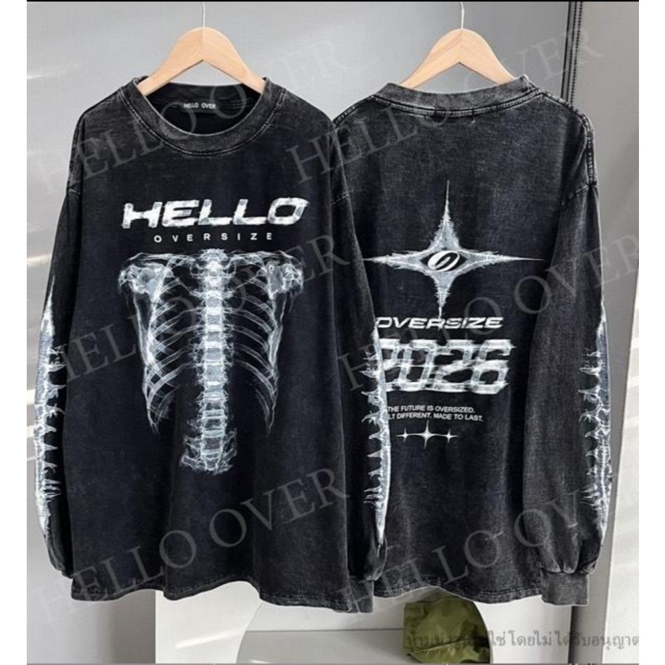 (พร้อมส่ง) BD590 (เลือกแขนยาวหรือแขนสั้นก่อนสั่ง) เสื้อยืดผ้าฟอก แขนสั้น และแขนยาว  โอเวอร์ไซส์ สกรีนลายกระดูกเอกซเรย์