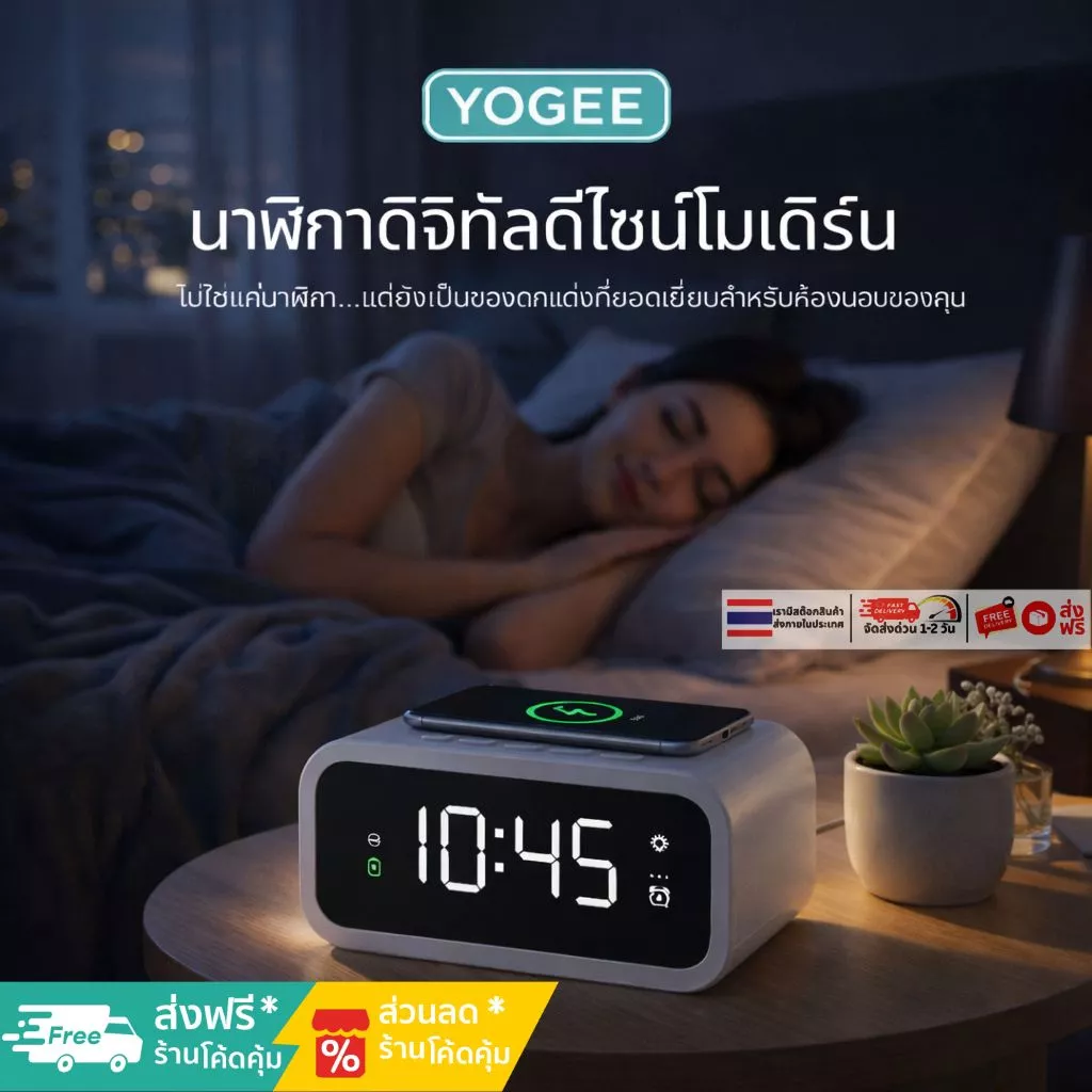 นาฬิกาดิจิตอลพร้อมที่ชาร์จมือถือแบบไร้สาย ไฟ LED พร้อมไฟกลางคืนและนาฬิกาปลุก YOGEE YG-YC805