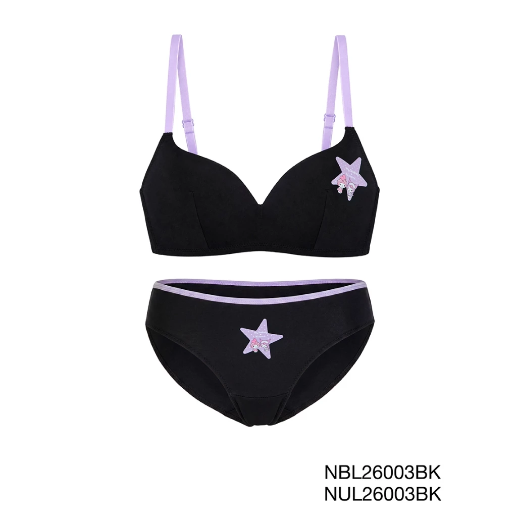 My Melody & Kuromi เซตชุดชั้นใน เสื้อชั้นในไร้โครง รหัส NBL26003BK+NUL26003BK สีดำ
