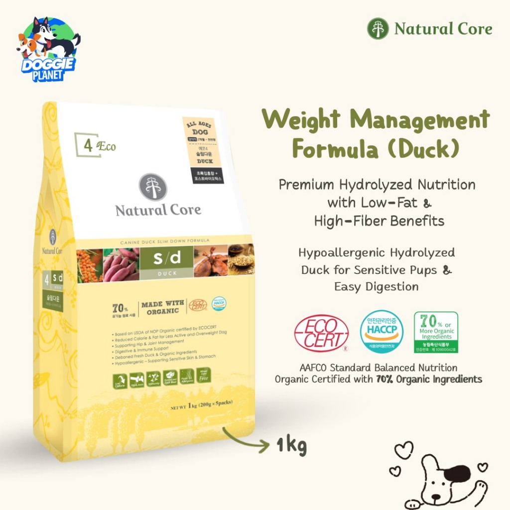 Natural Core Organic ECO 4 Slim Down Duck อาหารเม็ดสุนัข ออร์แกนิค ไขมันต่ำ สูตรเป็ด ช่วยคุมน้ำหนัก 1 kg