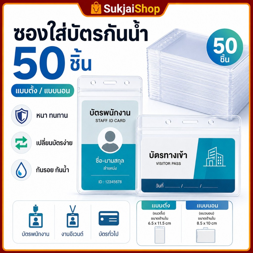 ซองใส่บัตรกันน้ำ PVC 50 ชิ้น แบบตั้ง/แบบนอน ซองใส่บัตรพนักงาน ป้ายชื่อ งานอีเวนต์ บัตรนักเรียน บัตรโดยสาร กันน้ำ กันรอย