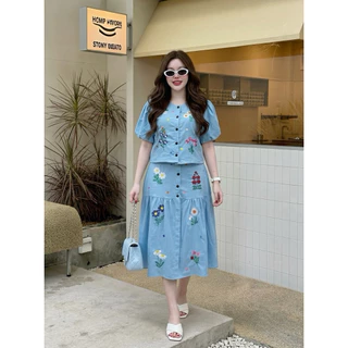 A1577 ชุดเซต เสื้อ+กระโปรง สีฟ้า ปักลายน่ารัก