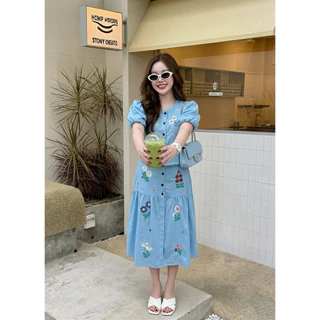A1577 ชุดเซต เสื้อ+กระโปรง สีฟ้า ปักลายน่ารัก