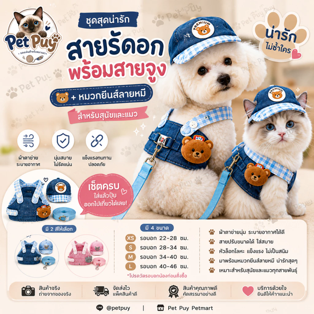 ชุดสายจูงพร้อมสายรัดอกและหมวกยีนส์ลายหมี สำหรับสุนัขและแมว ระบายอากาศ พร้อมสายจูง