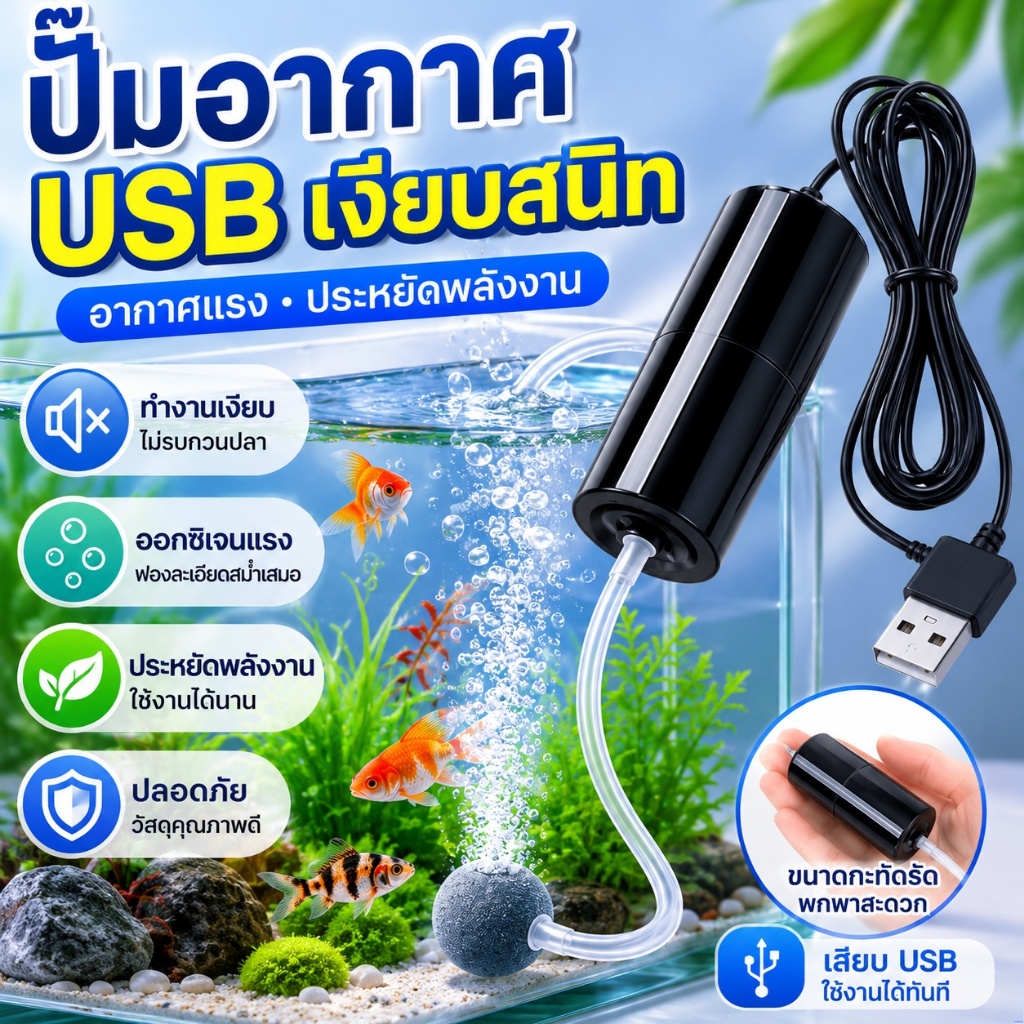 ปั๊มลมตู้ปลา USB ปั๊มออกซิเจนสำหรับตู้ปลา เสียงเงียบ ประหยัดไฟ ขนาดเล็ก พกพาสะดวก เติมออกซิเจนให้น้ำ
