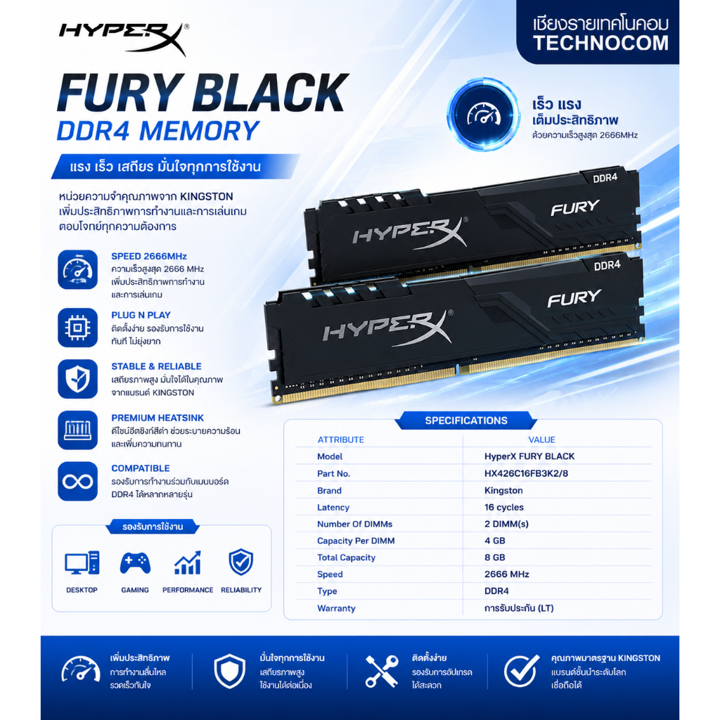 KINGSTON HyperX DDR4 8GB (4GBx2) 2666MHz (แรมคอมพิวเตอร์ RAM) HX426C16FB3K2/8