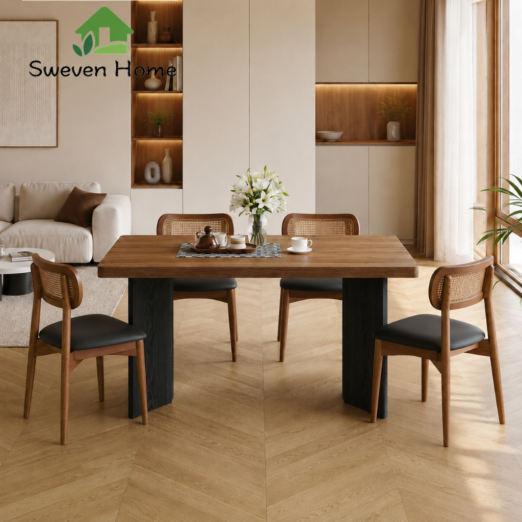 Sweven Home โต๊ะกินข้าวลายวอลนัท โต๊ะอาหาร 4 ที่นั่ง ผิวโต๊ะทนความร้อน ทนรอยขีดข่วน เช็ดง่าย โครงสร้างมั่นคง ใช้ในบ้าน