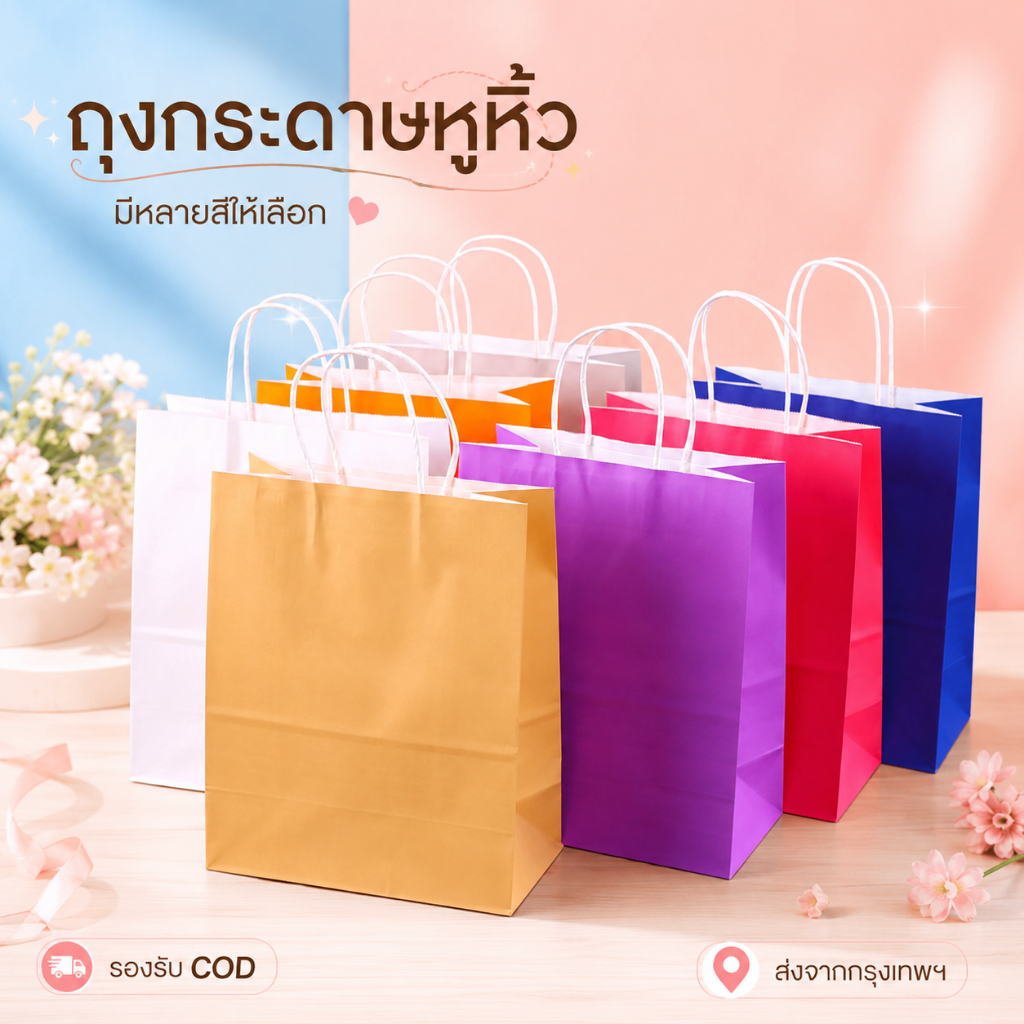 ส่งด่วน 2 ชม. ถุงกระดาษคราฟท์หูหิ้วบิด เนื้อหนา ถุงของขวัญพรีเมียม สีขาว ดำ แดง เขียว น้ำตาล