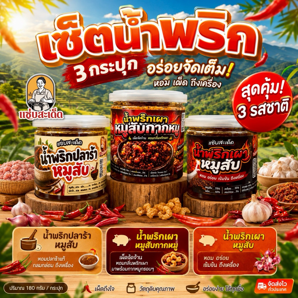 [จัดไป 3 กระปุก]น้ำพริกเผาหมูสับ+น้ำพริกปลาร้าสับ แซ่บสะเด็ด ทานคู่กับอะไรก็อร่อย เผ็ดกำลังดี ทำสดใหม่ สะอาด อร่อย