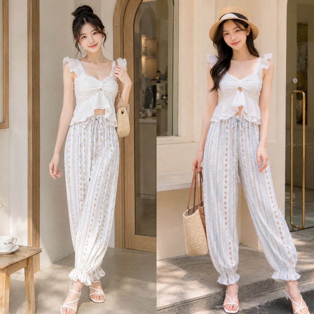 Mahahengcloset กางเกงขาจั๊มชายระบาย ลายริ้วดอกไม้ ตีเกล็ดหน้า เอวยางยืด ใส่สบาย สไตล์เกาหลี สาวไซส์เล็ก-สาวอวบใส่ได้