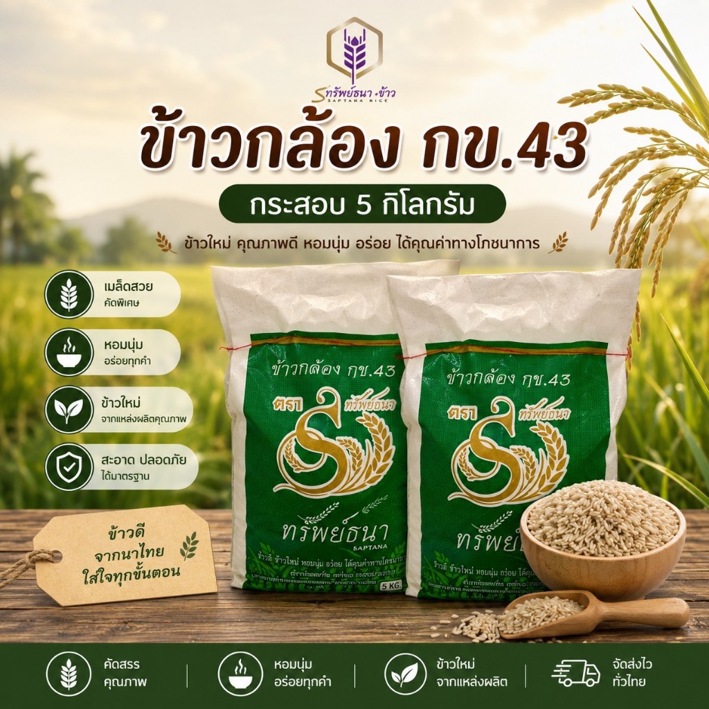 ข้าวกล้องกข43 กระสอบ5กิโลกรัม 2 กระสอบ ตราทรัพย์ธนา ข้าวใหม่ ปลอดสาร