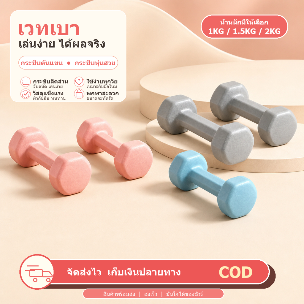 ดัมเบลคู่ 2 ชิ้น หกเหลี่ยมหุ้มยาง น้ำหนัก 1-3 กก. อุปกรณ์ฟิตเนสออกกำลังกาย ลดไขมันต้นแขน Dumbbells