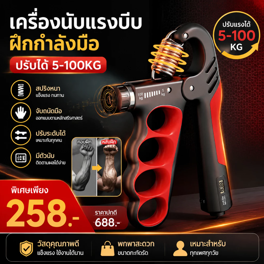 เครื่องบริหารมืออัจฉริยะ พร้อมตัวนับดิจิตอล ปรับแรงต้านได้ 5-100KG อุปกรณ์ฝึกกำลังมือ สำหรับออกกำลังกายที่บ้าน