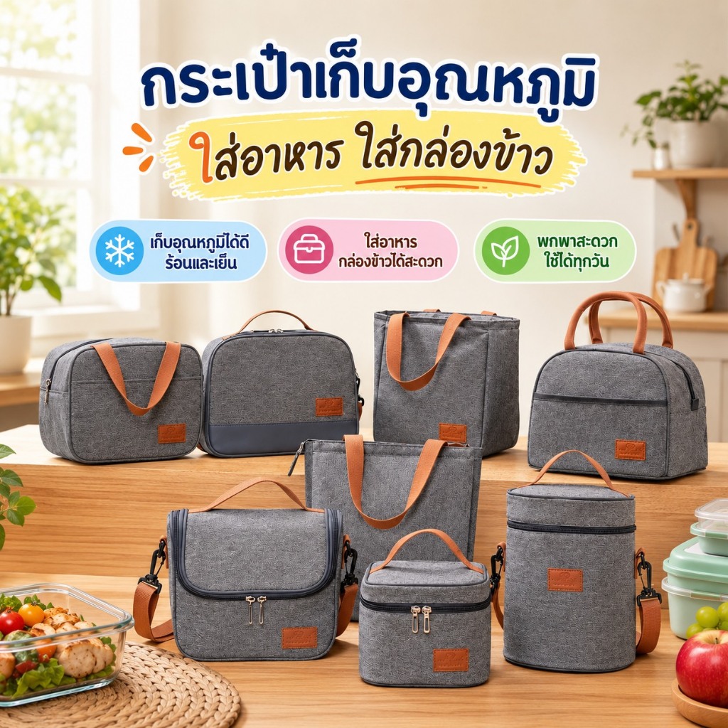 กระเป๋าอาหารกลางวัน เก็บความร้อน/เย็น กระเป๋าเก็บอุณหภูมิ ใส่กล่องอาหาร กล่องข้าว ปิ่นโต (8012 - 8020)