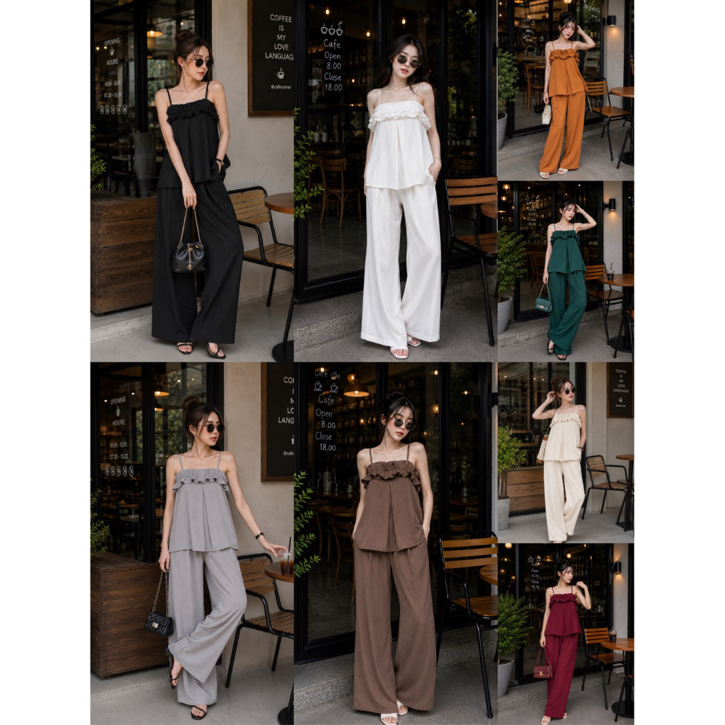 ชุดเซ็ต เสื้อสายเดี่ยวระบายอกคู่กางเกงขายาวทรงกระบอกรุ่น Glam Set
