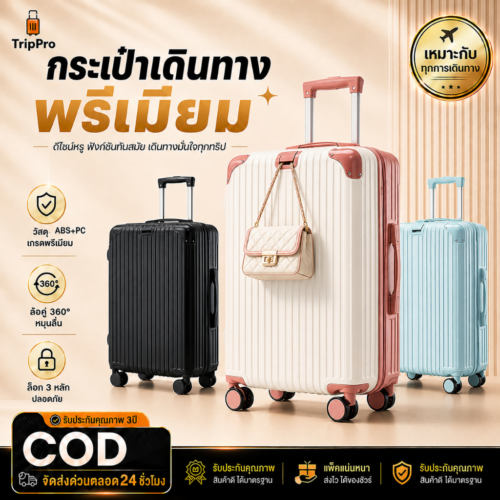 กระเป๋าเดินทาง 20-28 นิ้ว รุ่นซิป ทนทาน วัสดุ ABS+PC แข็งแรง หน้าเนียนกริบน หมุนได้360องศา ผลิตในไทย
