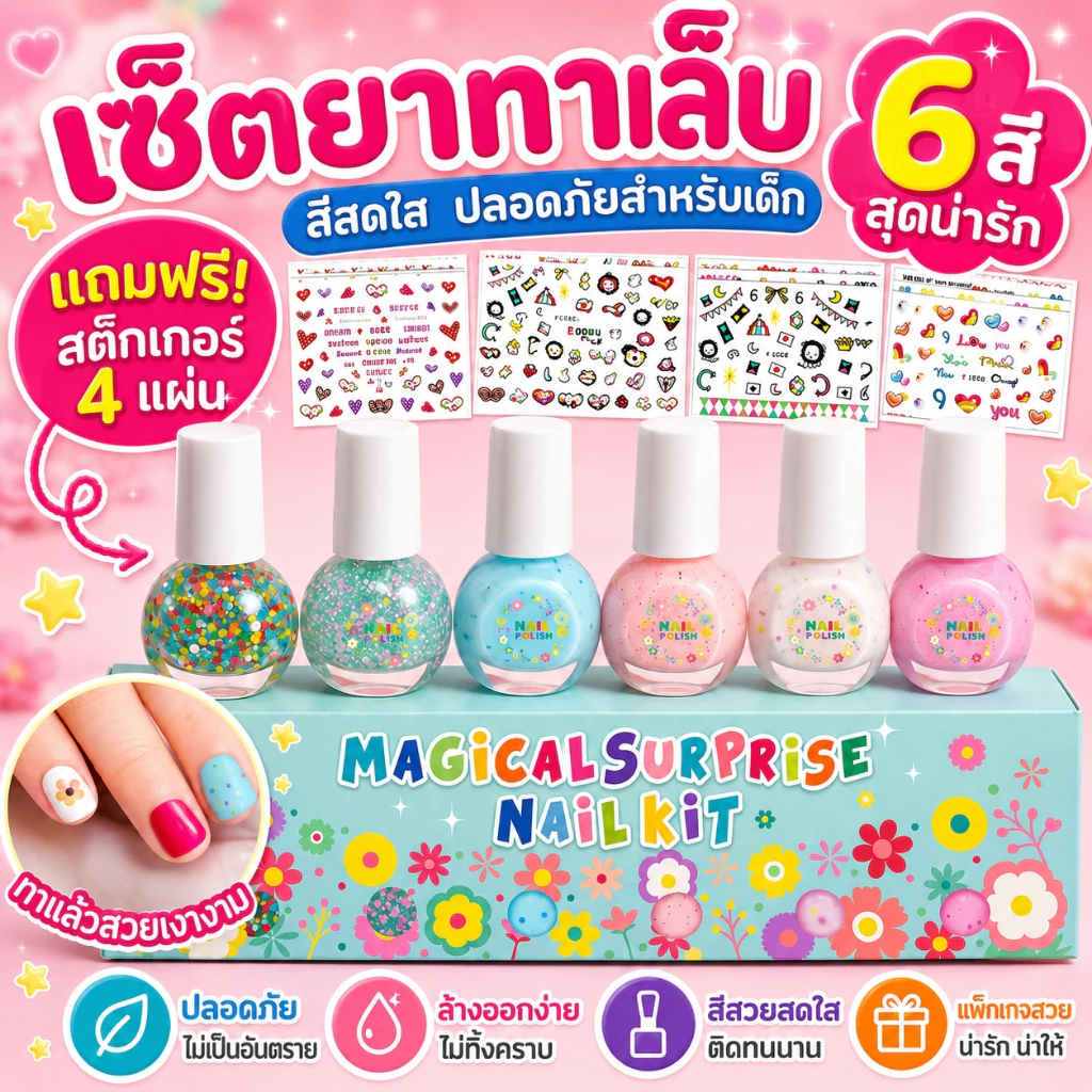 สีทาเล็บเด็กลอกออกได้ 6 สี ลอกได้ แถมสติ๊กเกอร์ติดเล็บ 4 แผ่น น้ำยาทาเล็บเด็ก ทาง่าย แห้งไว ของขวัญเด็ก