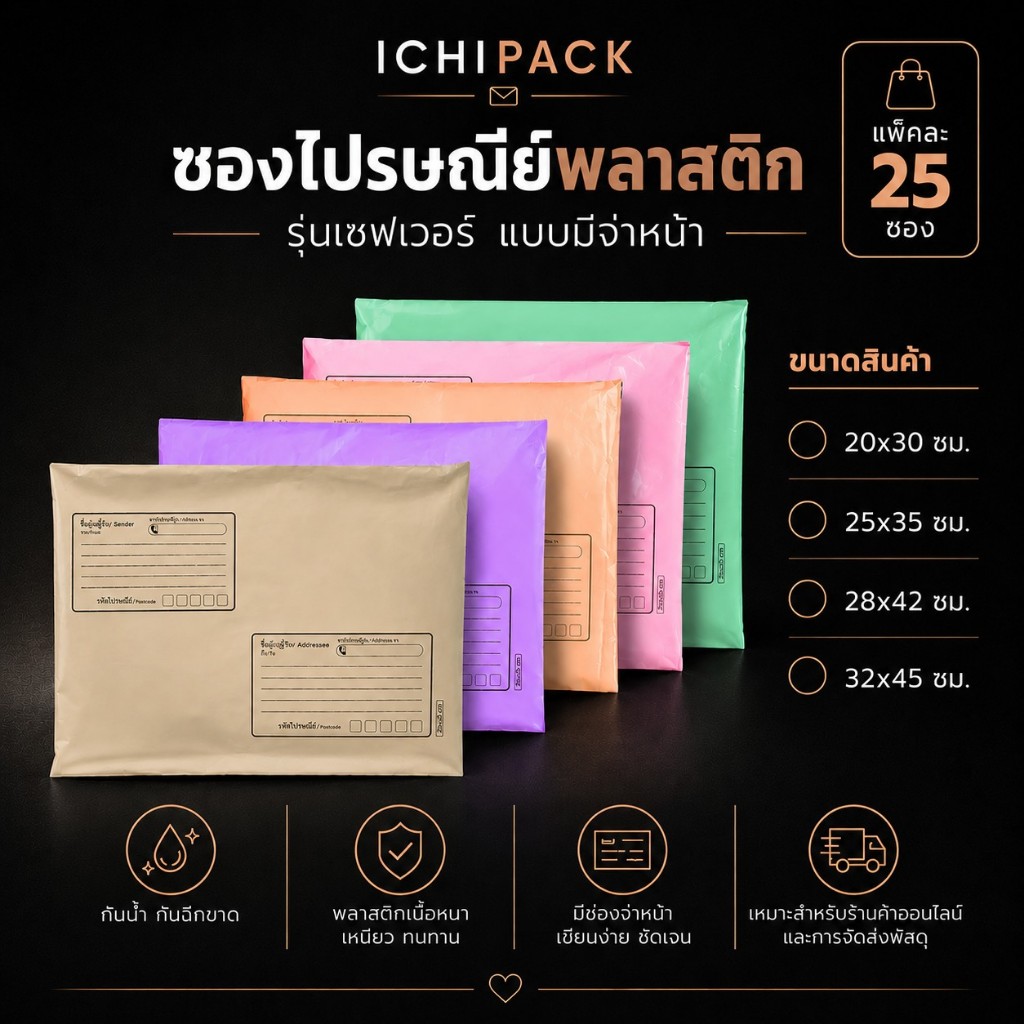 ซองไปรษณีย์สีพาสเทล มีจ่าหน้า (แพ็ก 25 ใบ) รุ่นเซฟ มีฝากาวในตัว ถุงส่งพัสดุ สำหรับร้านค้าออนไลน์