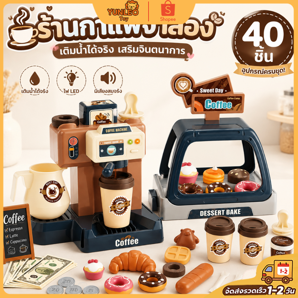ชุดของเล่นร้านกาแฟเด็ก เติมน้ำได้จริง + ขนม 40 ชิ้น ของเล่นบทบาทสมมติ เสริมจินตนาการ พร้อมเครื่องชงกาแฟจำลอง