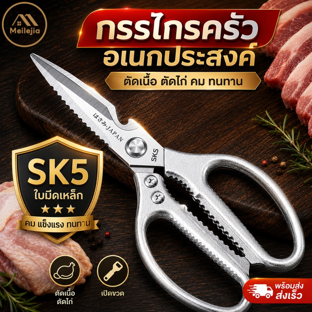 กรรไกรตัดอาหารคุณภาพสูง กรรไกรครัว SK5 อุปกรณ์ทำอาหารที่ทุกบ้านต้องมี สำหรับหั่นเนื้อ ตัดผัก ใช้งานง่าย