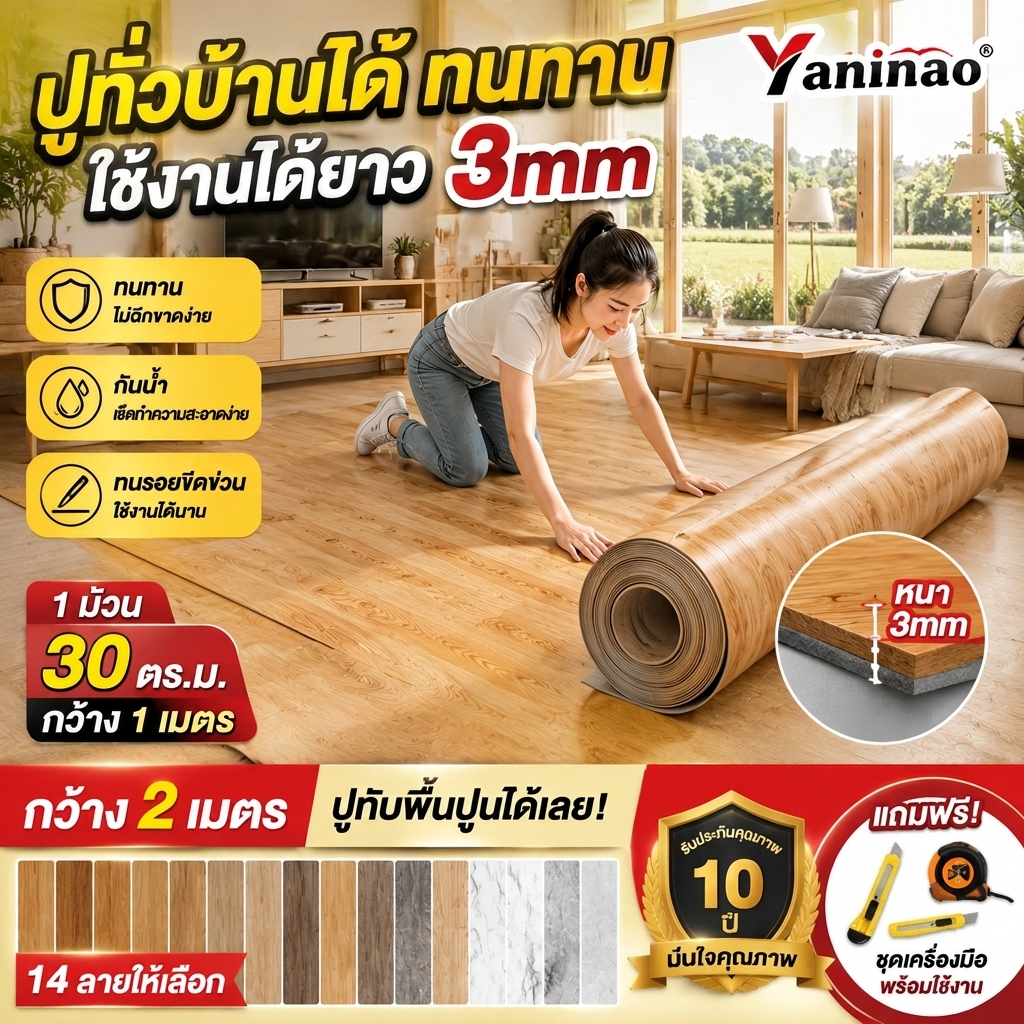 ไม่ต้องจ้างช่าง! กระเบื้องยางPVC ลายไม้ ผิวด้านหน้าทรา หนาขึ้น3.5มม. เสื่อน้ํามัน 10-20㎡ติดง่ายมีกาวในตัว