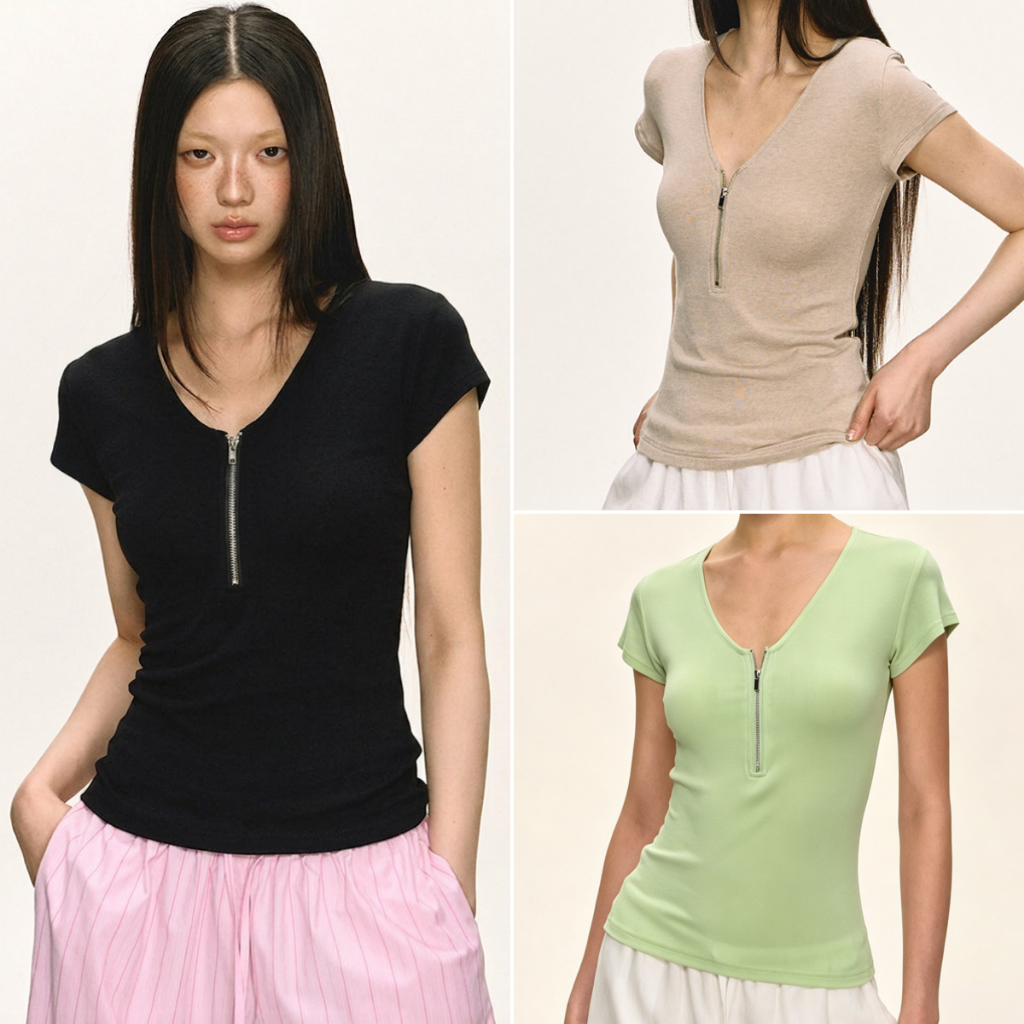 cherryshop พร้อมส่ง เสื้อยืดแขนสั้นคอวีเข้ารูปสไตล์เกาหลีเรียบง่ายสำหรับผู้หญิง ดีไซน์ซิปด้านหน้า