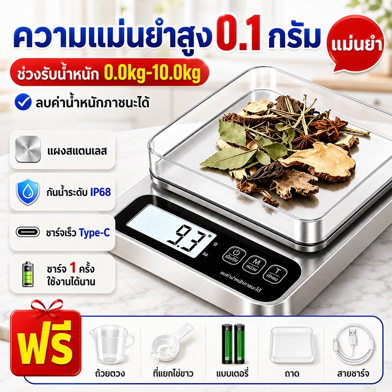 เครื่องชั่งดิจิตอล สแตนเลส 0.1g-10kg เครื่องชั่งอาหาร ชาร์จได้3วิธี เครื่องชั่งในครัว ทนกระแทก ไม่แตกง่าย ครื่องชั่งครัว
