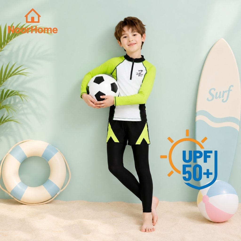 ชุดว่ายน้ำเด็กผู้ชาย แขนยาว กันแดด UPF50+ แห้งไว ชุดเซิร์ฟเด็ก 3 ชิ้น เสื้อ+กางเกงขายาว+หมวก ลายสปอร์ต