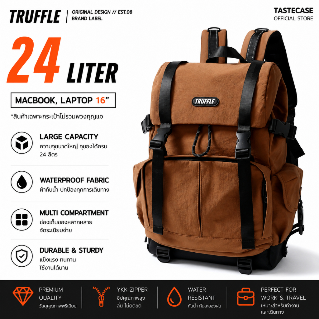 TRUFFLE LSZ กระเป๋าเป้ Backpack กันน้ำ ใส่โน้ตบุ๊ก 16 นิ้ว ความจุขยายได้ สำหรับเดินทาง