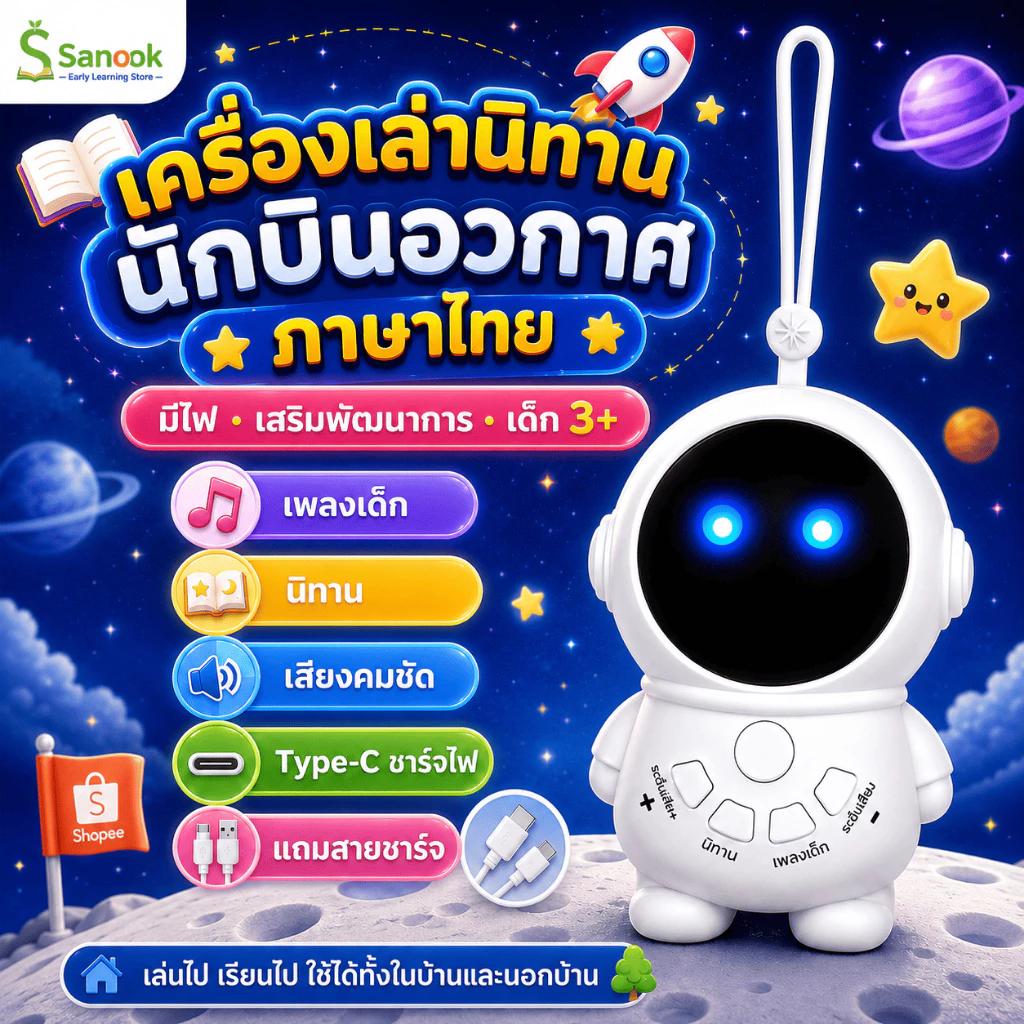 เครื่องเล่านิทานภาษาไทย รุ่นนักบินอวกาศ มีเพลงและนิทาน ชาร์จ Type-C พร้อมไฟ LED สำหรับเด็ก 3 ปีขึ้นไป