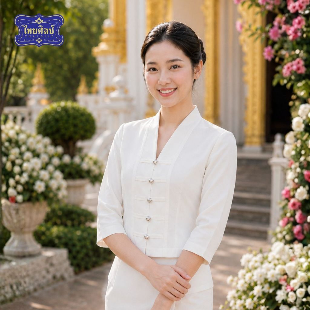 เสื้อผ้าฝ้ายพื้นเมือง คอปีน แขนสามส่วน สีขาวนวล