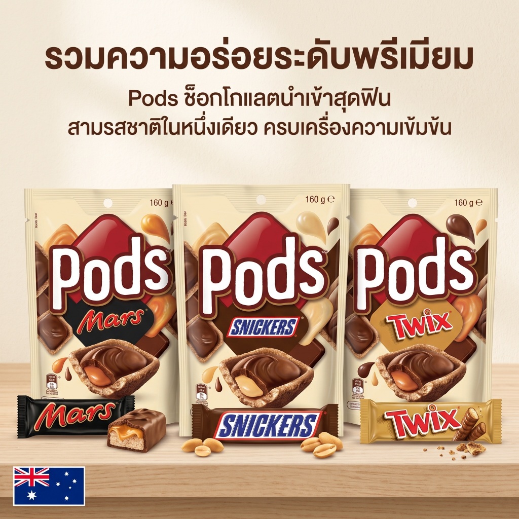 Pods Chocolate Wafer Cups 160g เวเฟอร์ถ้วยพอดส์ นำเข้าออสเตรเลีย ช็อกโกแลตยอดฮิต Snickers Twix Mars